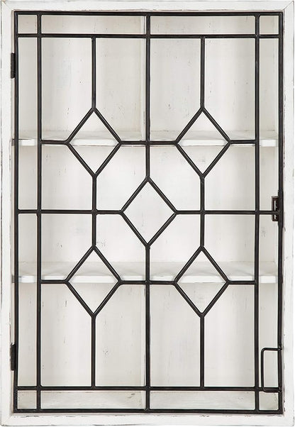 Kate and Laurel Megara Decorative Wooden Wall Hanging Curio Cabinet for Open Storage with Decorative Black Iron Door, Whitewash Finish