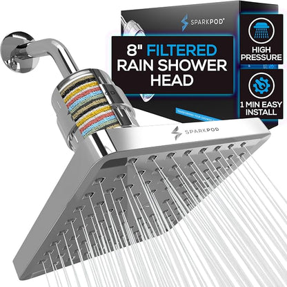 SparkPod Filtered Shower Head, 23-Stage, 8" Square, Polished Chrome | Showerhead for Hard Water, High Pressure, Reduces Chlorine, Heavy Metals, For Dry Skin & Hair, Removable Capsule Filter
