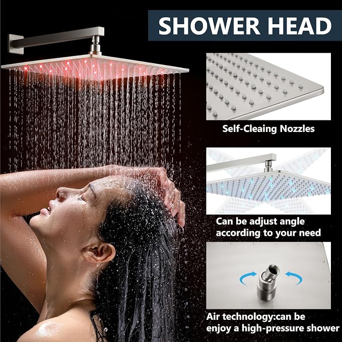 Aolemi Shower Faucet Set with Valve Handheld 16" LED Head Brushed Nickel | Handheld Spray,16 Inch Rain LED Head,Valve and Trim Kit,All Metal,Wall Mount Shower System,Bathroom Mixer