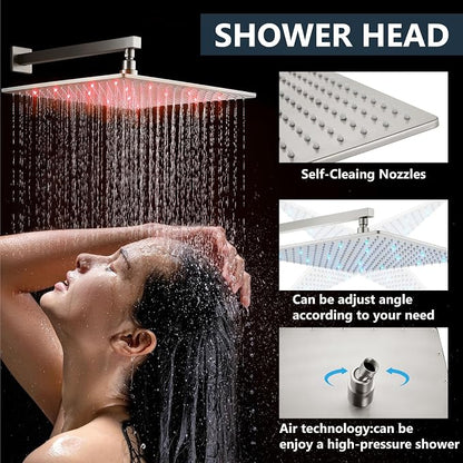 Aolemi Shower Faucet Set with Valve Handheld 16" LED Head Brushed Nickel | Handheld Spray,16 Inch Rain LED Head,Valve and Trim Kit,All Metal,Wall Mount Shower System,Bathroom Mixer