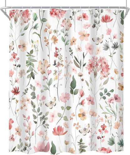 Pink Blush Coral Flower Floral Wildflower Leaf Bathroom Shower Curtain Set | 60"W x 72"H Leaves Butterfly; waterproof HD print, quick-dry fabric and plastic hooks for easy setup.