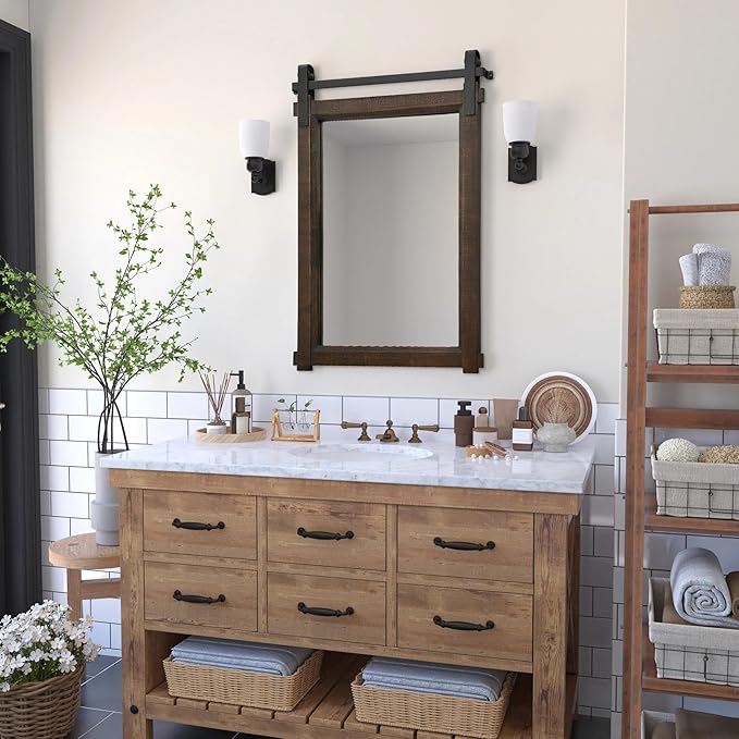 Besdomus Bathroom Rustic Wall Mirror: 24"x36" Brown Barn Door Farmhouse Solid Cedar Wood Frame - Wall Mounted Mirror for Entryway/Hallway/Bathroom - Home Decor for Modern Farmhouse Enthusiasts