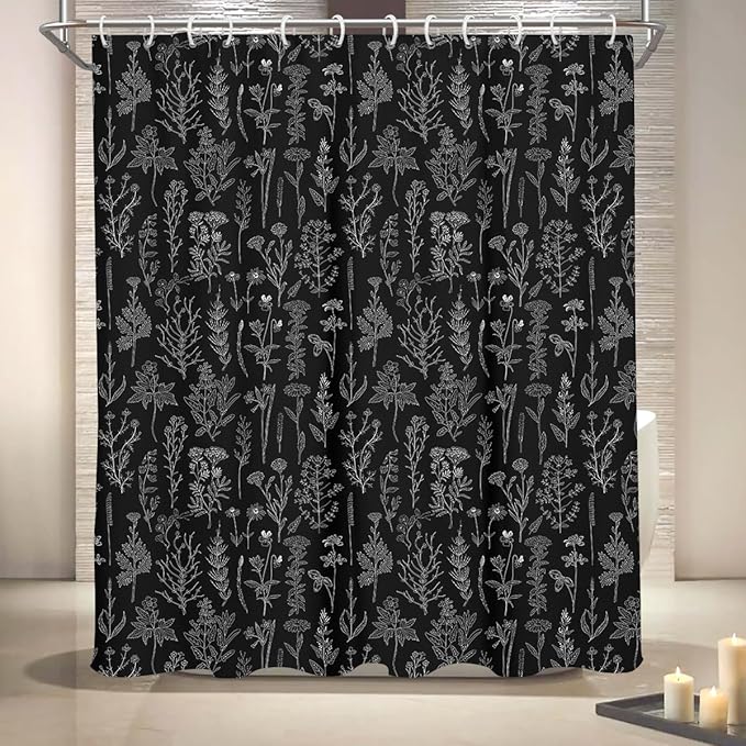 Coxila Vintage Floral Shower Curtain Black and White Retro Flower Dark Gray Grey Botanical Plant Boho Country Rustic Gothic Goth Moody Cute Antique Bathroom 60 x 72 Inch Polyester Fabric 12 Pack Hooks