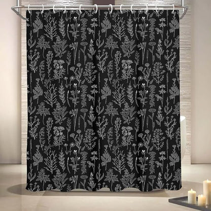 Coxila Vintage Floral Shower Curtain Black and White Retro Flower Dark Gray Grey Botanical Plant Boho Country Rustic Gothic Goth Moody Cute Antique Bathroom 60 x 72 Inch Polyester Fabric 12 Pack Hooks