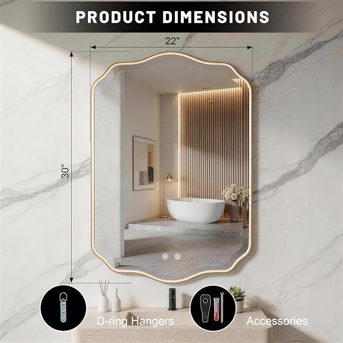 POZINO 30"x22" Scalloped LED Bathroom Mirror with Lights, Gold Metal Frame | Beveled Edge, 3 Color Dimmable, Anti-Fog, Memory Function, IP65 Waterproof, Smart Bathroom Vanity Mirror with Front Lights