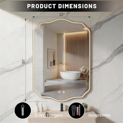 POZINO 30"x22" Scalloped LED Bathroom Mirror with Lights, Gold Metal Frame | Beveled Edge, 3 Color Dimmable, Anti-Fog, Memory Function, IP65 Waterproof, Smart Bathroom Vanity Mirror with Front Lights