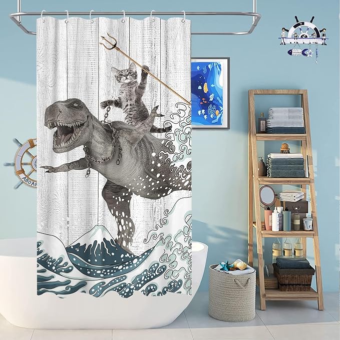 Fungarth Funny Cat Shower Curtain Dinosaur Ocean Sea Wave Shower Curtains for Bathroom Cool Waterproof Fabric Rustic Wooden Farmhouse Bath Curtain Decor (Gray1, 36” x 72”)