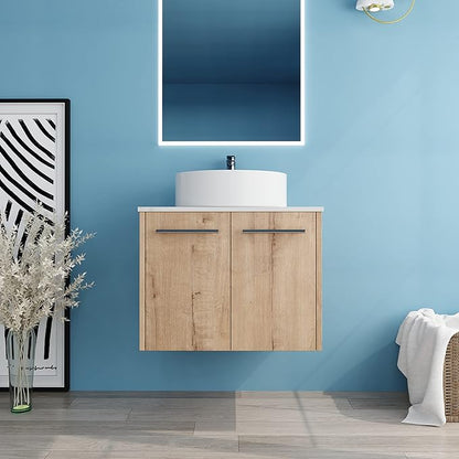 24" Floating Vanity with Sink, 24 Inch Bathroom Vanity with Sink, Modern Plywood Floating Cabinet with Sintered Stone Countertop and White Ceramic Basin, Soft Close Doors
