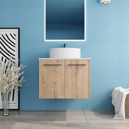 24" Floating Vanity with Sink, 24 Inch Bathroom Vanity with Sink, Modern Plywood Floating Cabinet with Sintered Stone Countertop and White Ceramic Basin, Soft Close Doors