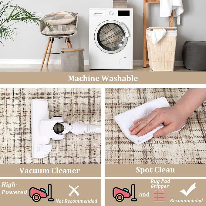 Modern Plaid Washable Rug 9x12 Rug for Living Room Soft Large Area Rug for Bedroom Tartan Non Shedding Non Slip Throw Rugs Stain Resistant Carpet for Dining Room Nursery 9'x12' Beige