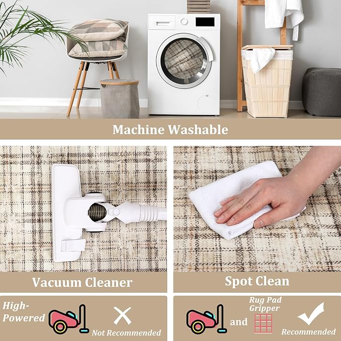 Washable Runner Rug 2x8 Modern Entryway Rug Tartan Plaid Non Slip Kitchen Rugs Farmhouse Bedroom Area Rug Hallway Runners Soft Bathroom Rugs Stain Resistant Carpet 2'x8' Green/Beige
