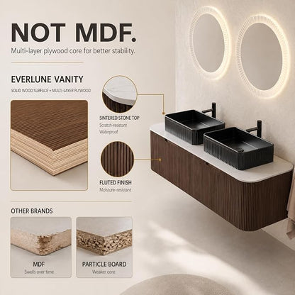 60 Inch Double Sink Bathroom Vanity, Floating Wall Mounted Cabinet, Dark Walnut Curved Fluted Front, Stone Top, Dual Black Textured Rectangular Vessel Basins, Pre-Assembled