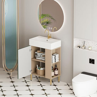Merax 21.6" Small Bathroom Vanity with Sink Narrow Depth Bathroom Vanities,Wood Vanity Cabinet,Soft Closing Door,Freestanding Sink Cabinet W/Open Side Shelves,Green