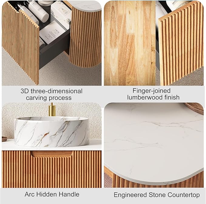 48" Floating Bathroom Vanity with Sink, Plywood Bathroom Storage Cabinet with Ultra-Thin Marble Ceramic Basin and Countertop, Large Soft-Closing Storage Drawer, Pre-Assembled, Nature Wood