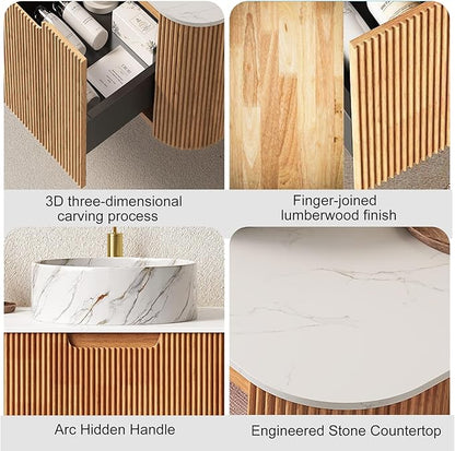 60 inch Bathroom Vanity with Double Sink, Floating Bathroom Vanities with Ultra-Thin Marble Basin and Countertop, 2 Large Soft-Closing Storage Drawers, Pre-Assembled Cabinet, Nature Wood