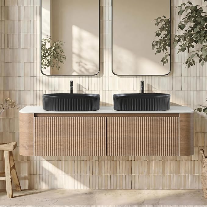 60" Floating Bathroom Vanity with Double Black Sink, Honey Oak | Pre-Assembled Fluted Wall Mounted Double Sink Vanity with Sintered Stone Countertop, Soft-Close Drawers & Towel Rack
