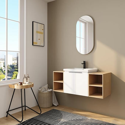 48 Inch Bathroom Vanity with Sink Combo, Wall-Mounted Bathroom Vanity with Soft Close Doors&2 Side Shelf,Modern Floating Bathroom Vanity with Top Basin & Storage Cabinet,White