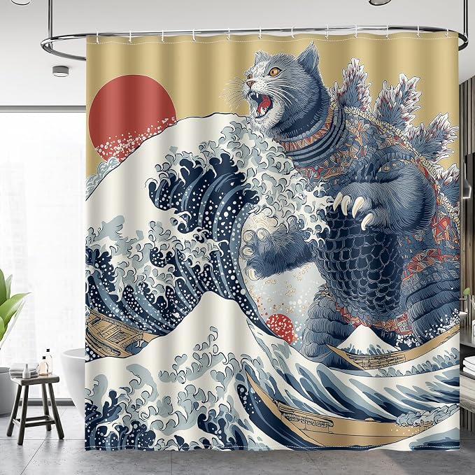 Aimego Funny Cat Shower Curtain Japanese Nautical Anime Ocean Sea Wave Cool Unique Asian Whimsical Humorous Bathroom Decor Bathtub Curtain Fabric Shower Curtain Set with 12 Hooks, 72"x72"