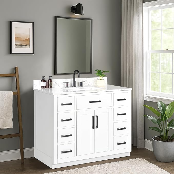 42-inch White Bathroom Vanity with Sink, Solid Wood, 0.79-inch Stone Countertop and Backsplash, 9 Drawers, 2 Soft Closing Doors