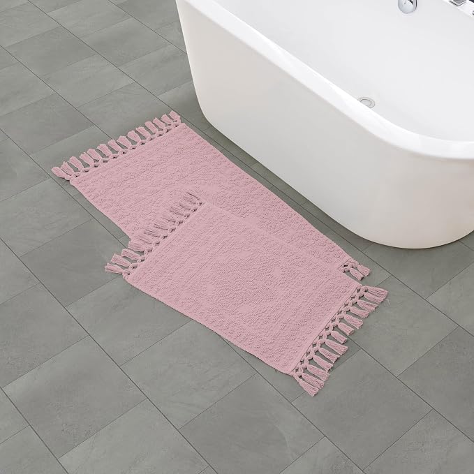 French Connection Nellore Bath Rugs, Set of 2 Woven and Beaded Bath Mats, Durable and Thick Bath Mats for Bathroom and Shower Rugs, 17" x 28" and 20" x 38", Light Purple