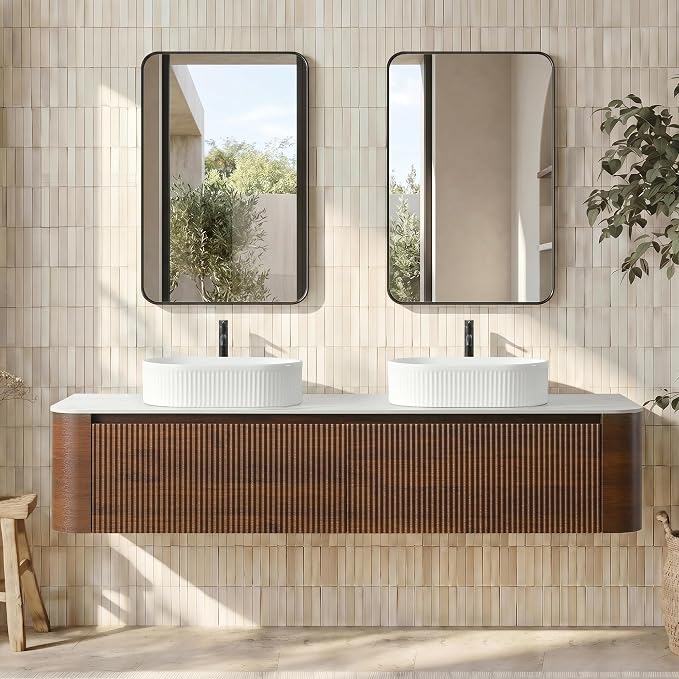 72" Floating Bathroom Vanity with Double White Sink, Walnut | Pre-Assembled Fluted Wall Mounted Vanity with Sintered Stone Countertop, Rounded Edges, Soft-Close Drawers & Towel Rack