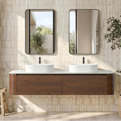 72" Floating Bathroom Vanity with Double White Sink, Walnut | Pre-Assembled Fluted Wall Mounted Vanity with Sintered Stone Countertop, Rounded Edges, Soft-Close Drawers & Towel Rack