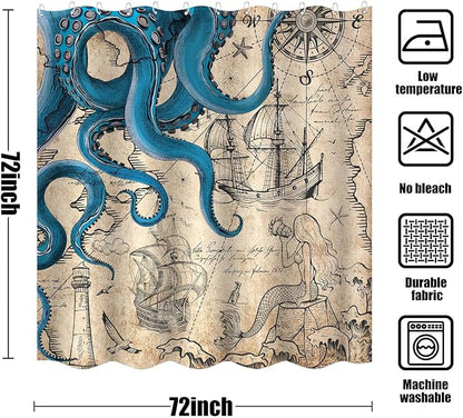 Fungarth Vintage Nautical Octopus Shower Curtain Navy Blue Mermaid Funny Ocean Kraken Shower Curtains for Bathroom Anchor Coastal Map Waterproof Fabric Bath Curtain Decor with Hooks (Retro, 72” x 72”)