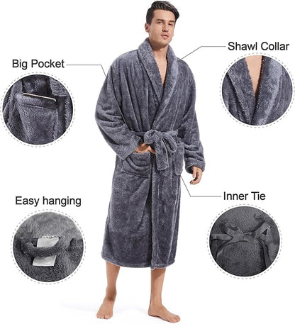 Inner Wish Mens Plush Fleece Robe, Cozy Warm Bathrobe Fuzzy Male Spa Long Robe With Pockets (DARK GREY)