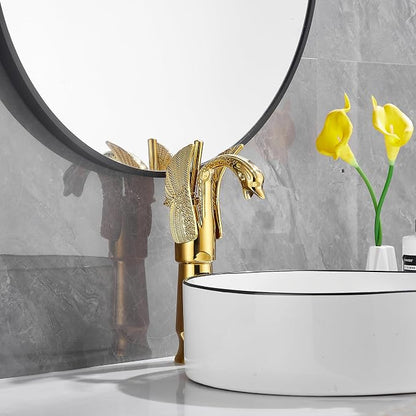 Gold Swan Shape Single Handle One Hole Bathroom Vessel Sink Faucet Deck Mount Lavatory Sink Faucet