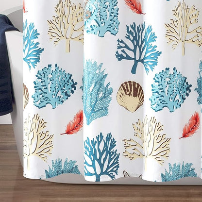 Lush Decor Coastal Reef Feather Shower Curtain, 72" W x 72" L, Blue & Coral - Coastal Shower Curtain - Fabric Curtains - Ocean Bathroom Decor - Beach House - Beachy Room
