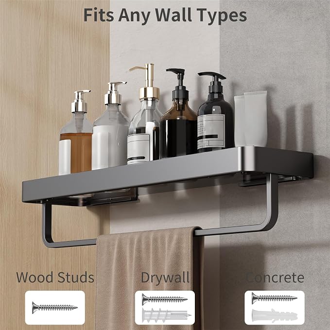 16-Inch Black Floating Bathroom Shelves with Towel Bar， Clear Tempered Glass Wall Shelf 2-Pack – Versatile Bathroom Organizer Set