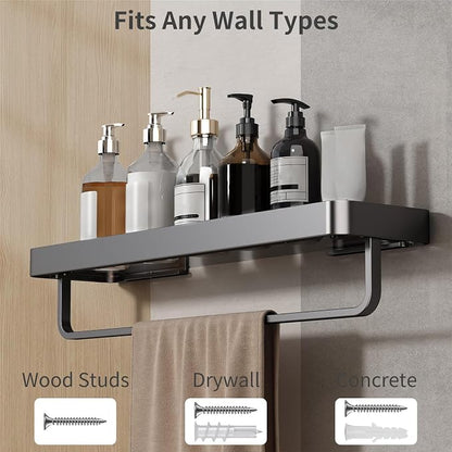 20 Inch Long Floating Bathroom Shelf with Towel Bar, Clear Tempered Glass Wall Shelf for Bathroom Storage Organizer, Matte Black