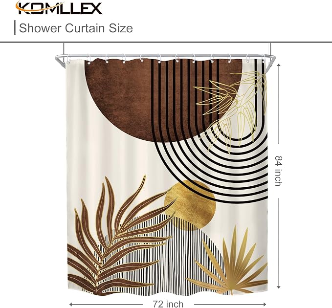 Mid Century Brown Boho Abstract Modern Beige Bathroom Shower Curtain Set | 72Wx84H Gold Geometric design, waterproof HD print with fast-drying fabric and 12 hooks.