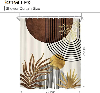 Mid Century Brown Boho Abstract Modern Beige Bathroom Shower Curtain Set | 72Wx84H Gold Geometric design, waterproof HD print with fast-drying fabric and 12 hooks.