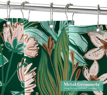Boho Floral Shower Curtain, Dark Emerald Botanical Fabric Curtain, 72 x 84 | Boho floral, vintage botanical, dark floral, rustic farmhouse, colorful flowers, fabric shower curtain