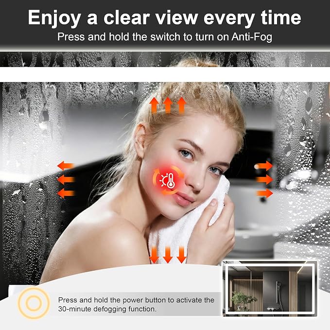 LED Bathroom Mirror with Lights, 30 x 50 Lighted Vanity Wall Mirror | Backlit and Frontlit, Anti-Fog, Dimmable 3 Colors, Shatter-Proof Tempered Glass, Memory Function, Plug-in/Hardwired