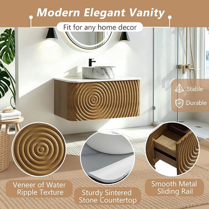 42" Floating Bathroom Vanity with Sink, Mid-Century Wall Mounted Bathroom Vanity Cabinet with Wood Waved Decor,Marble Ceramic Basin and Sintered Stone Top, Soft Close Drawer, Side Open Cube