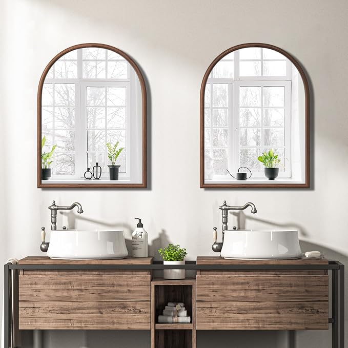 24"x32" Arch Wall Mirror for Wall, Wall Mounted Vanity Mirror for Bedroom, Wood Grain Finish Frame Mirror with Tempered Glass, Vintage Decorative for Bathroom, Entryway, Living Room, Walnut