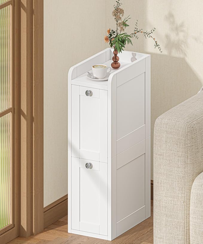 Keehusux Slim Bathroom Storage Cabinet with 2 Slide Out Drawers, White | Narrow Storage Organizer, Anti-drop Guardrail, Freestanding Toilet Paper Holder for Kitchen Corner and Small Spaces, Modern