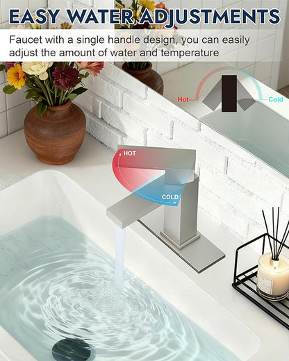 Midanya Bathroom Faucets 1 Hole, Single Handle Stainless Steel Bathroom Sink Faucet, Modern Vanity Faucets with Deck Plate,Water Supply Hoses and Pop Up Drain,Brushed Nickel