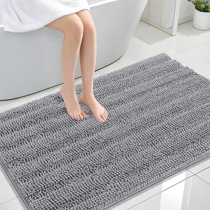 OLANLY Thick Large Bathroom Rugs 47x32, Soft Chenille Bath Rugs, Grey | Absorbent Striped, Rubber Backing, Machine Wash Dry, Bath Mats for Bathroom Floor, Tub and Shower, Home Decor Accessories