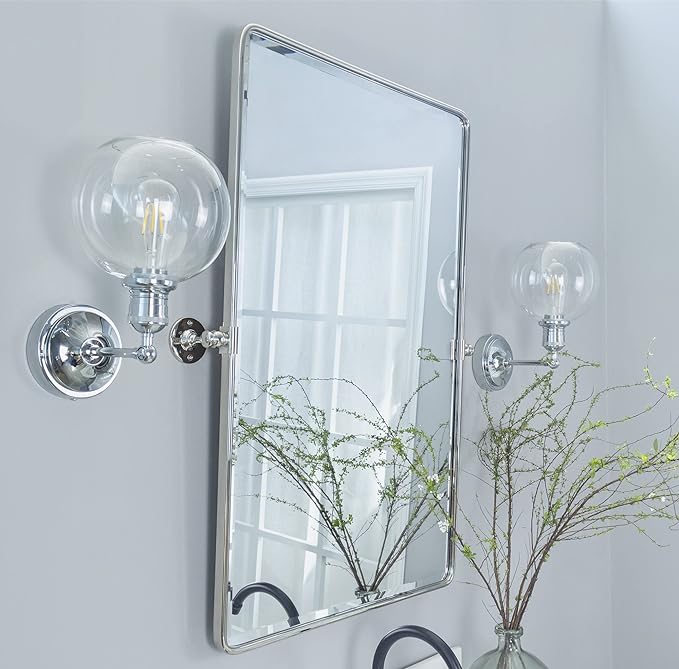 Farmhouse Pivot Rectangle Bathroom Mirror Chrome Metal Framed Tilting Beveled Vanity Mirrors for Wall, Overall 23.91 x 30 inches (Mirrror 20 x 30 inches)