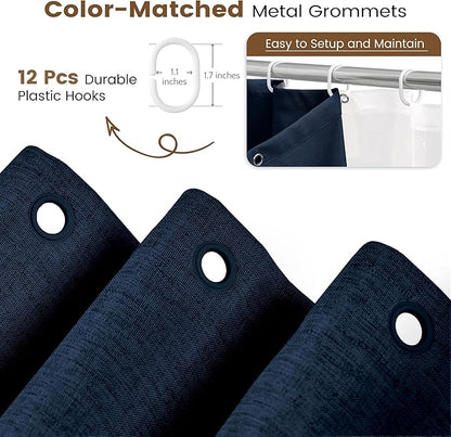 BTTN 3 in 1 Shower Curtain Set, Navy Blue Linen Textured Fabric Shower Curtain and Clear Liner Set with Plastic Hook, Modern Hotel Luxury Weighted Waterproof Shower Curtain for Bathroom, Blue, 72x72