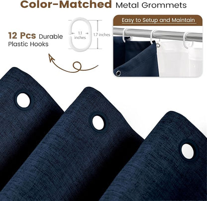 BTTN 72x84 Tall 3 in 1 Linen Texture Shower Curtain with Liner, Navy Blue | Long Size, 230GSM Heavy Duty Polyester, Waterproof Clear Liner, Weighted Hem, 12 Plastic Hooks, Hotel Style, Machine Washable