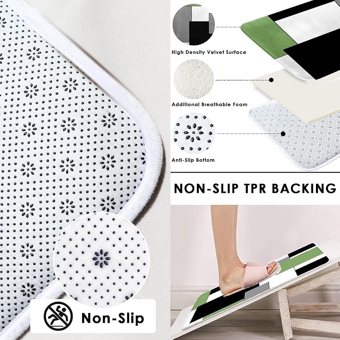 Bathroom Sets with Shower Curtain and Rugs, 4 Pcs, Geometric Sage | Modern Checkered Abstract Bathroom Decor Set with Toilet Lid Cover, Non-Slip Bath Mats and Accessories 12 Hooks