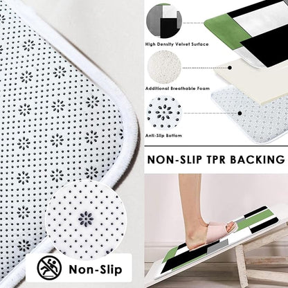 Bathroom Sets with Shower Curtain and Rugs, 4 Pcs, Geometric Sage | Modern Checkered Abstract Bathroom Decor Set with Toilet Lid Cover, Non-Slip Bath Mats and Accessories 12 Hooks