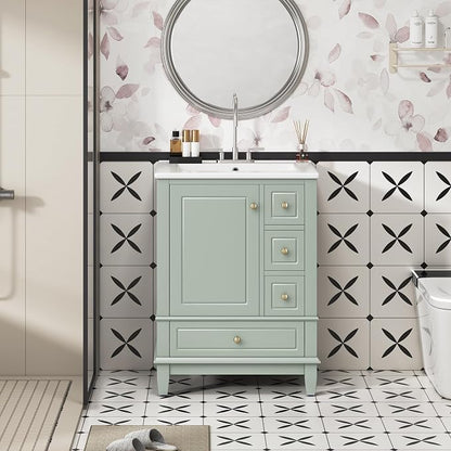 Bathroom Vanity with Ceramic Sink 24 Inch, Cabinet with One Door and Three Drawers, Soft-Closing Door, Solid Wood Legs, Green