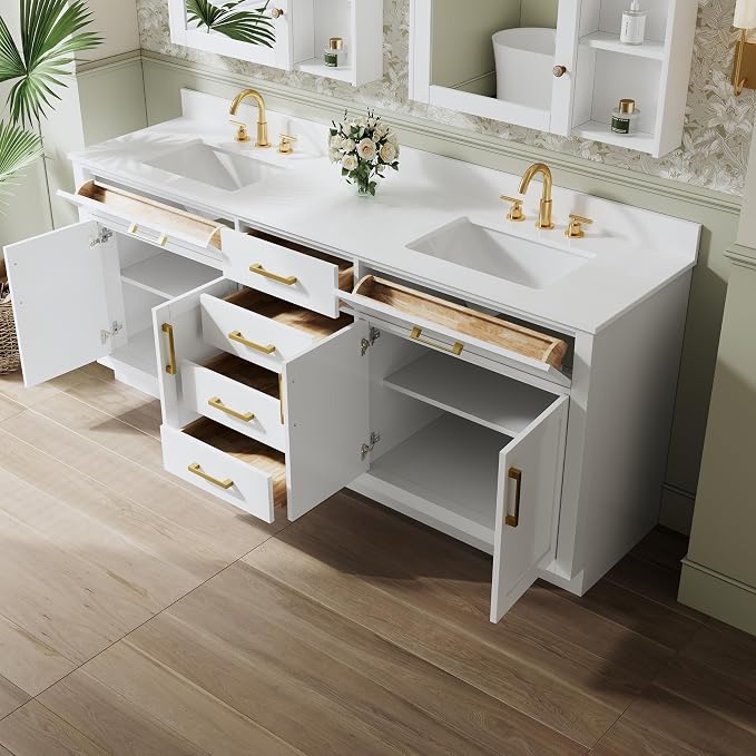 80-Inch Bathroom Vanity with Double Sinks W/ 4 Doors & 4 Drawers & 2 Flip Drawers, White Vanity W/Brushed Gold Handles