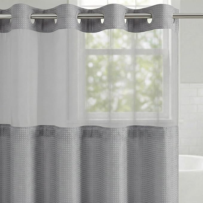 Americanflat 72x75 Hookless Waffle Pattern Shower Curtain - Water-Resistant Long Shower Curtain with Sheer Panel, Snap-in Liner, and Durable Grommets - 100% Polyester - Light Grey