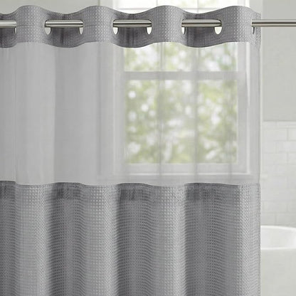 Americanflat 72x75 Hookless Waffle Pattern Shower Curtain - Water-Resistant Long Shower Curtain with Sheer Panel, Snap-in Liner, and Durable Grommets - 100% Polyester - Light Grey